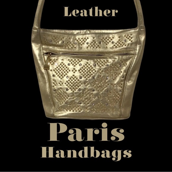 PARIS HANDBAGS New York Leather Metallic Gold Studded Vintage Shoulder/Crossbody - Picture 1 of 13